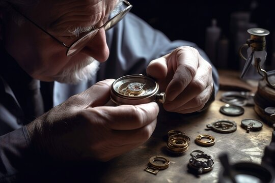 Meticulous watchmaker working on delicate gold watch piece. Generative AI