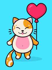 Cartoon cute ginger kitten with heart balloon. Childrens card, childrens poster.