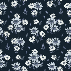 Seamless floral pattern, rustic style ditsy print in blue colors. Botanical design for fabric, paper with hand drawn field: small plants, tiny flowers, leaves on a dark background. Vector illustration