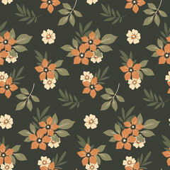 Seamless floral pattern, vintage botanical print with tropical hawaiian motif. Ditsy design with hand drawn autumn botany: small flowers, leaves, bouquets on a dark background. Vector illustration.