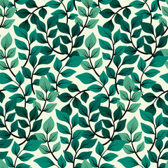 Seamless botanical pattern, hand drawn ornament: delicate mint green leaves on a white background. Surface graphic design, natural print with foliage, small leaves on branches. Vector illustration.