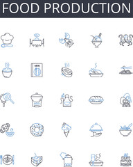 Food production line icons collection. Agriculture, Culinary arts, Farming, Cultivation, Harvesting, Fishing, Livestock vector and linear illustration. Ranching,Agronomy,Aquaculture outline signs set