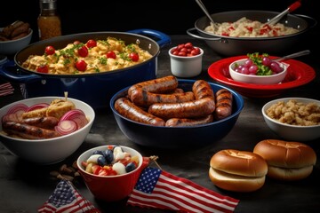 A barbecue ribboned with garlands of red, white and blue ribbon, hot dogs and hamburgers cooking on the grill, next to a bowl of potato salad garnished with a miniature U.S. flag. Generative AI.