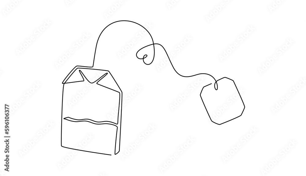 Poster one continuous line drawing of paper tea bag. hot herbal drink for morning routine and breakfast in 