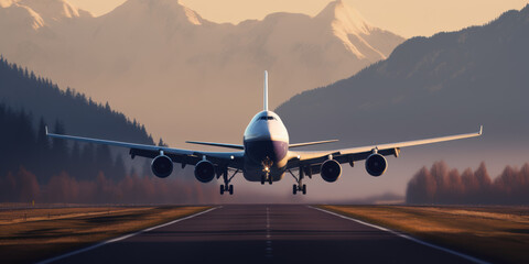 Passenger plane lands on the background of mountains and forest. AI generation  - obrazy, fototapety, plakaty