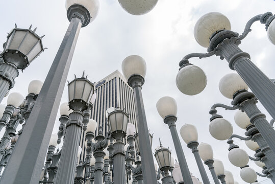 Los Angeles, CA - October 14, 2022:  Chris Burden&rsquo;s public art piece &ldquo;Urban Light&rdquo; at LACMA, the Los Angeles County Museum of Art
