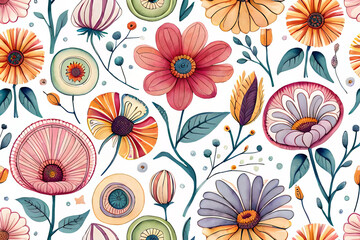 childish textured flower. in vibrant rainbow colors seamless pattern. Summer floral Scandinavian nursery print design. Generative AI