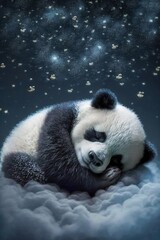 Baby Panda Sleeping on Cloud with Starry Sky Illustration. Generative ai