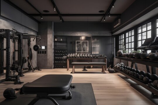 A pristine home gym with gleaming silver weight benches, dumbbells, an elliptical machine and punching bag against a background of designer sports bottles. Generative AI.