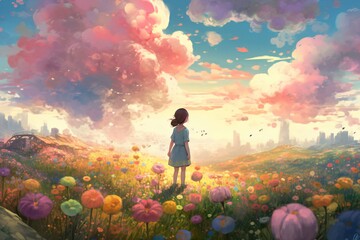 Fototapeta premium anime girl standing in the middle of a big colorful flower meadow created with Generative AI technology
