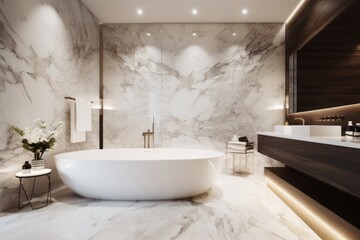 Naklejka na ściany i meble A luxury bathroom interior with marble walls. Generative AI