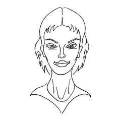 Vector face of woman. Young beautiful girl heads. Front portraits. Black line realistic sketch vintage illustration.
