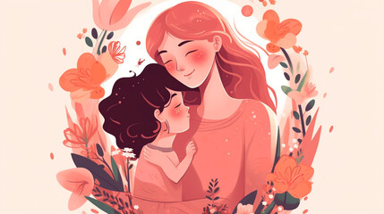 2d watercolor and hand drawn illustrated cute mother and child .Suitable for Mother's Day