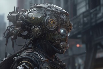 futuristic man standing in the center of a bustling city. Generative AI