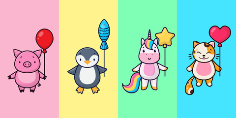 Cartoon illustrations of animals on a colorful background. Cute penguin, little piggy, pink unicorn, happy kitten.