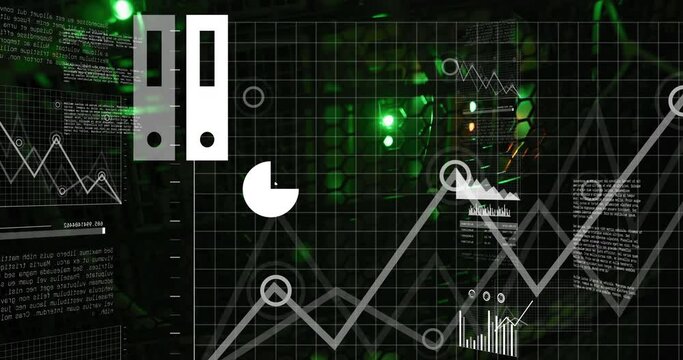 Cloud icon, charts, graphs and data processing over glowing green lights on black background