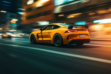 Fototapeta na wymiar Car driving on illuminated road, blurred background, yellow-orange light. Generative AI