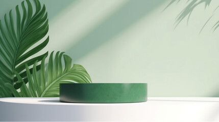 Blank green cement curve counter podium with texture, soft beautiful dappled sunlight, leaf shadow on white wall for luxury organic cosmetic, skincare, beauty treatment product background 3D