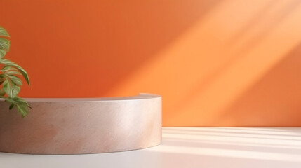 Blank orange cement curve counter podium with texture, soft beautiful dappled sunlight, leaf shadow on white wall for luxury organic cosmetic, skincare, beauty treatment product background 3D