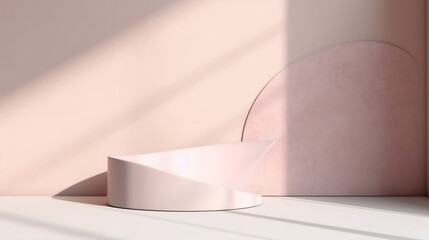 Blank light pink cement curve counter podium with texture, soft beautiful dappled sunlight, leaf shadow on white wall for luxury organic cosmetic, skincare, beauty treatment product background 3D