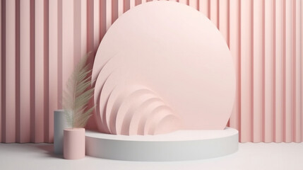 Blank light pink cement curve counter podium with texture, soft beautiful dappled sunlight, leaf shadow on white wall for luxury organic cosmetic, skincare, beauty treatment product background 3D