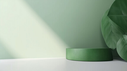Blank green cement curve counter podium with texture, soft beautiful dappled sunlight, leaf shadow on white wall for luxury organic cosmetic, skincare, beauty treatment product background 3D