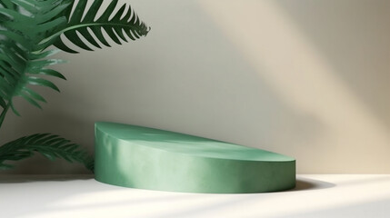 Blank green cement curve counter podium with texture, soft beautiful dappled sunlight, leaf shadow on white wall for luxury organic cosmetic, skincare, beauty treatment product background 3D