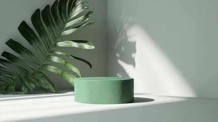 Blank green cement curve counter podium with texture, soft beautiful dappled sunlight, leaf shadow on white wall for luxury organic cosmetic, skincare, beauty treatment product background 3D