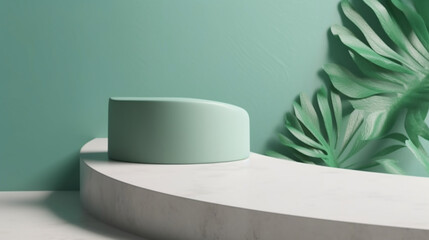 Blank green cement curve counter podium with texture, soft beautiful dappled sunlight, leaf shadow on white wall for luxury organic cosmetic, skincare, beauty treatment product background 3D