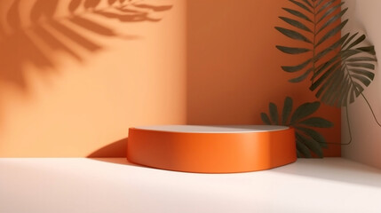 Blank orange cement curve counter podium with texture, soft beautiful dappled sunlight, leaf shadow on white wall for luxury organic cosmetic, skincare, beauty treatment product background 3D