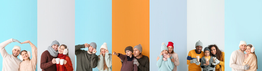 Set of happy families in winter sweaters on color background