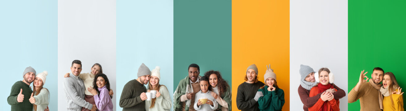Collage of happy families in winter sweaters on color background