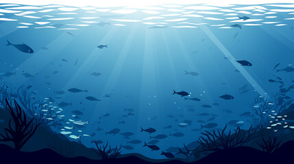 Fototapeta na wymiar Underwater world with light rays, cartoon style, banner design. Generative AI