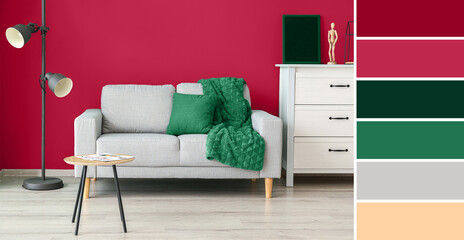 Interior of living room with grey sofa near viva magenta wall. Different color patterns