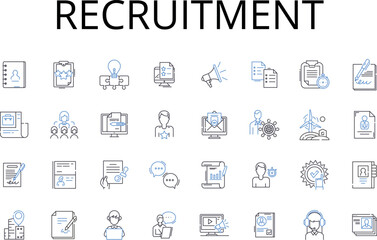 Recruitment line icons collection. Hiring process, Talent search, Staffing needs, Personnel selection, Employment hunt, Human Resources, Talent acquisition vector and linear illustration. Job