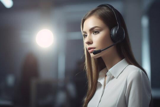 Beautiful young brunette woman working as a call-center operator, copyspace. Generative AI