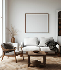 Scandinavian Style Living Room with Neutral Colors and Mockup Frames