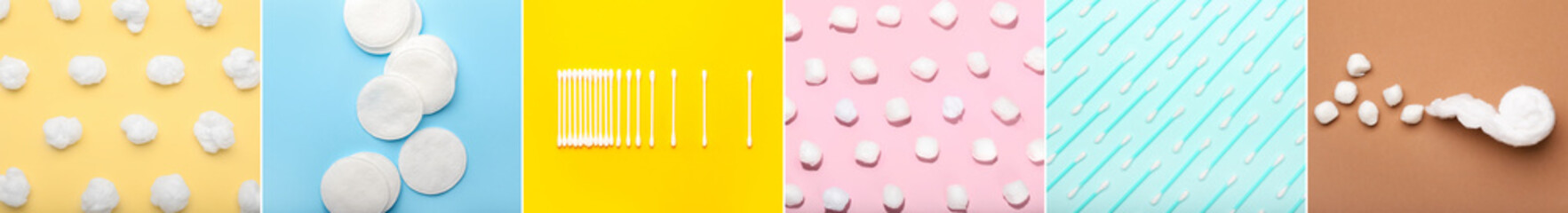 Collage of cotton swabs with balls and pads on color background