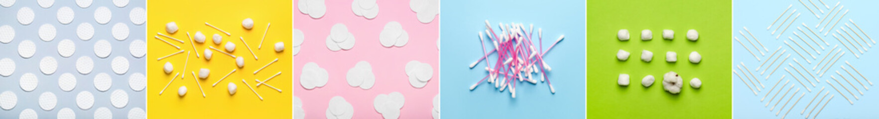 Set of cotton swabs with balls and pads on color background