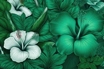green and white floral painting with leaves. Generative AI