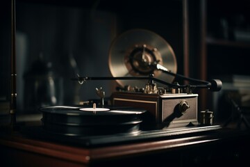 Fototapeta na wymiar Antique music player with spinning vinyl disc. Generative AI