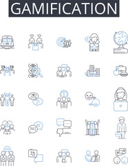 Gamification line icons collection. Skill-building, Puzzle-solving, Engagement strategy, Behavior modification, Motivational manipulation, Edutainment, Learning play vector and linear illustration