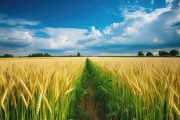 wheat field under a dramatic cloudy blue sky. Generative AI
