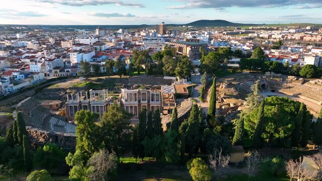aerial view of old Roman Theatre of Merida spanish cultural icon landmark in Spain