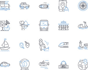 Holidaying line icons collection. Relaxation, Adventure, Exploration, Bliss, Rejuvenation, Discovery, Excitement vector and linear illustration. Freedom,Happiness,Serenity outline signs set