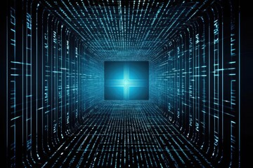 dimly lit tunnel with a cross in the center. Generative AI