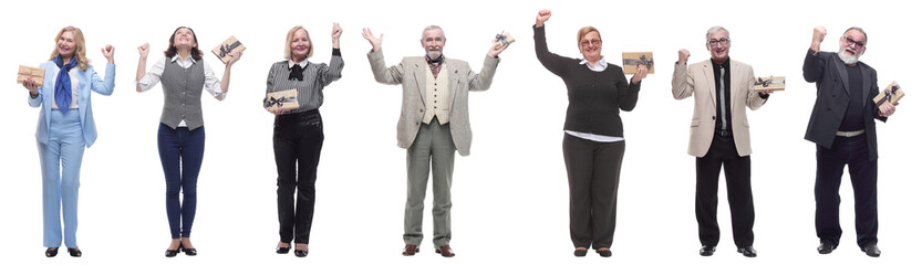 group of happy people with gifts in their hands isolated