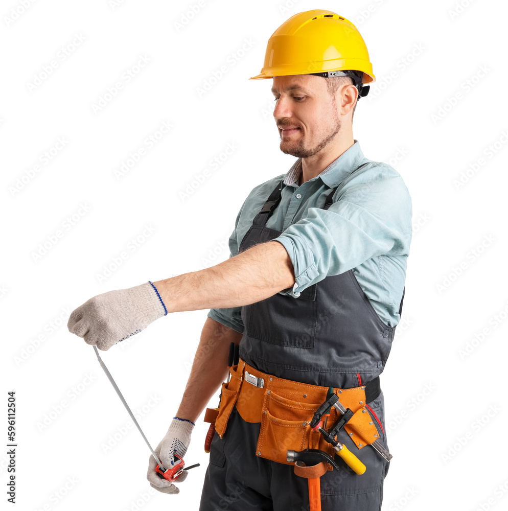 Canvas Prints Male carpenter with measure tape on white background