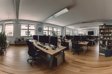 Fototapeta na wymiar Panoramic view of an office interior. Generative AI