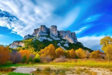 Fototapeta premium majestic mountain landscape with lush trees and sweeping clouds. Generative AI